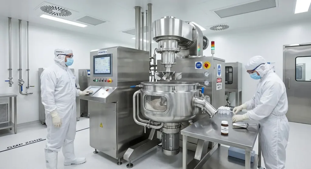 High shear granulator machine used in pharmaceutical manufacturing for wet granulation.