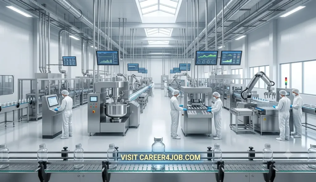 Advanced pharmaceutical manufacturing plant using automated production equipment.