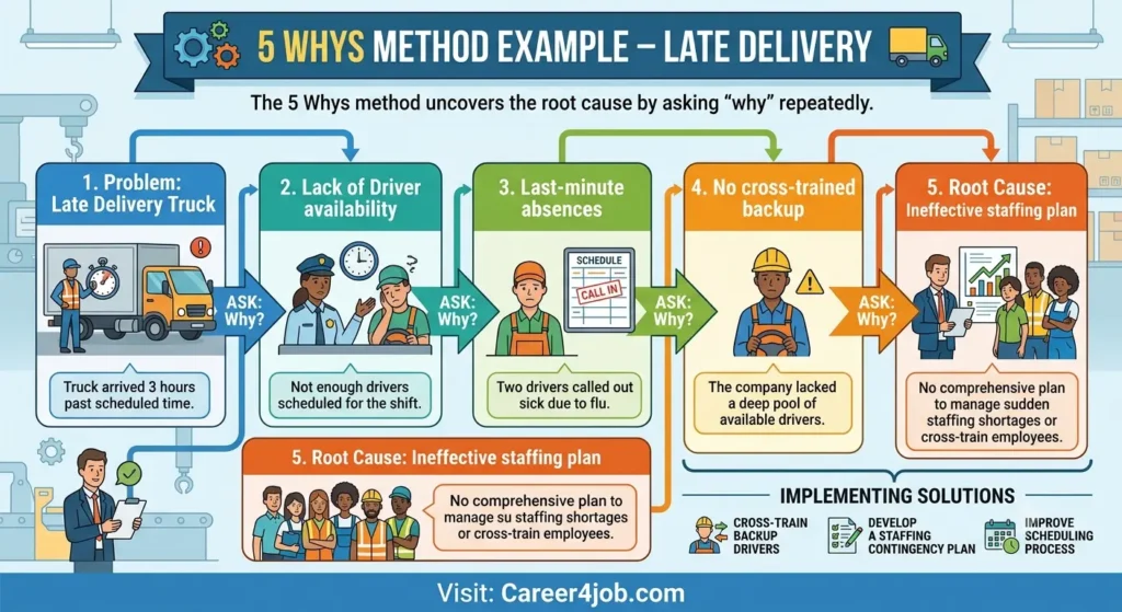 Root Cause Analysis Techniques: Fishbone, 5 Whys & Pareto 5 Whys workflow diagram for a manufacturing delivery delay problem