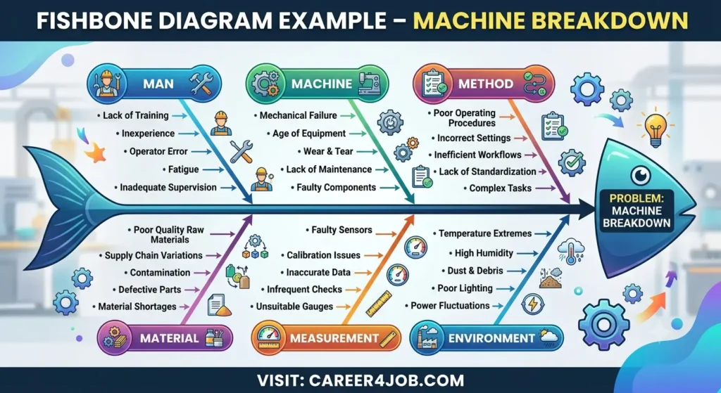 Root Cause Analysis Techniques: Fishbone, 5 Whys & Pareto Fishbone diagram showing causes of machine breakdown in manufacturing