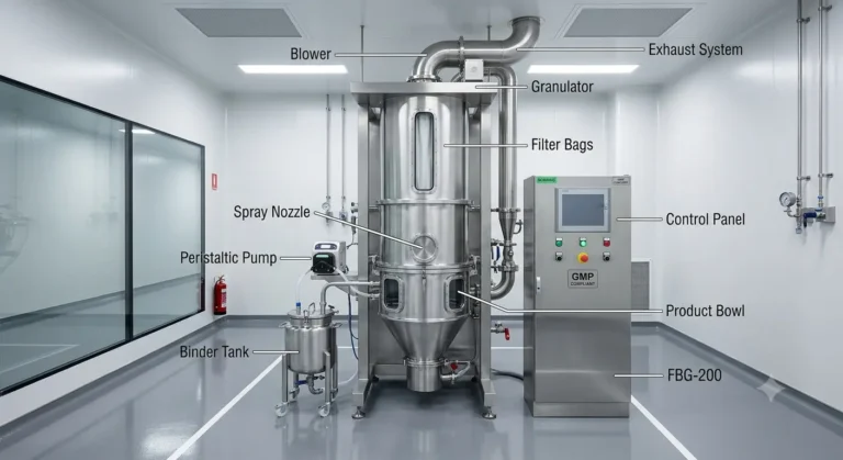 Fluid bed granulator machine with labeled parts in a GMP pharmaceutical manufacturing area
