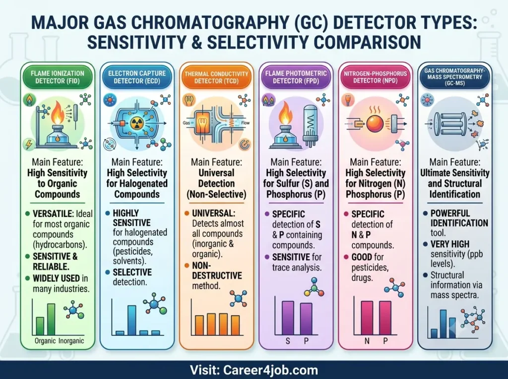 Infographic comparing sensitivity and selectivity of GC detectors