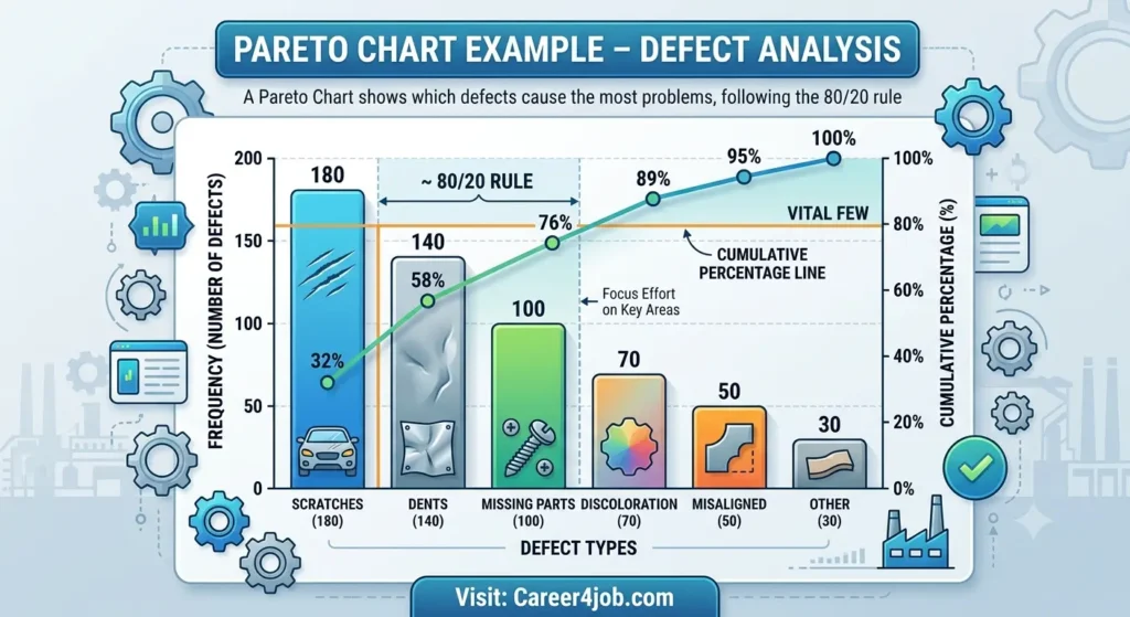 Root Cause Analysis Techniques: Fishbone, 5 Whys & Pareto Pareto chart showing defect analysis ranked by frequency