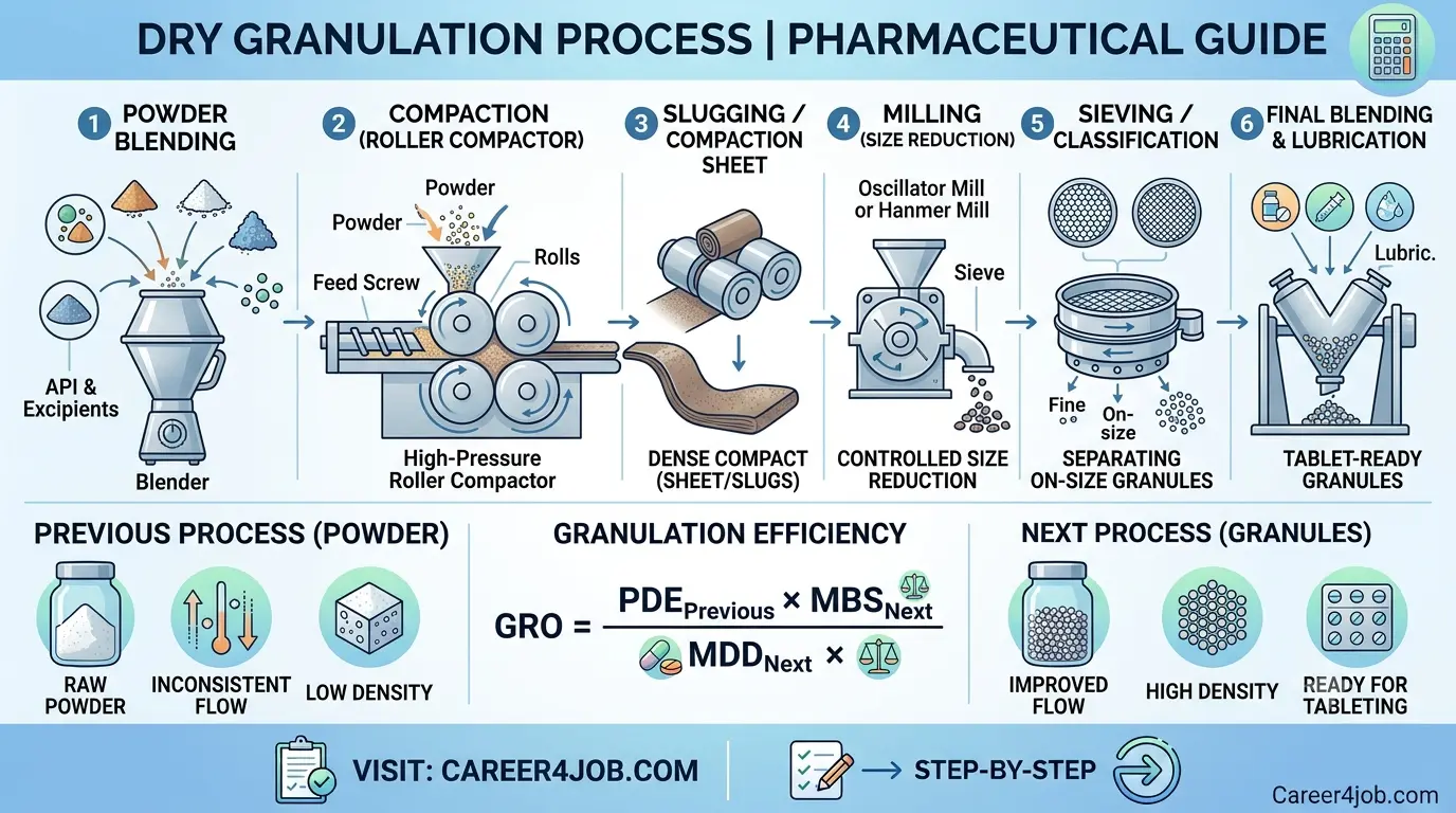 The dry granulation process from powder blending to tablet ready granules