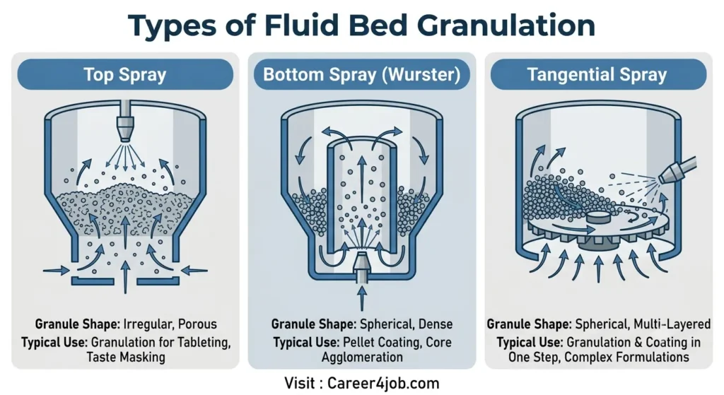 Comparison infographic of top spray, bottom spray, and tangential spray granulation types
