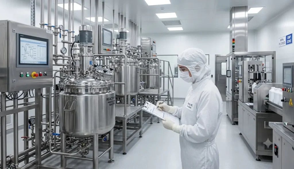 GMP Documentation and Batch Manufacturing Record: Complete Guide Pharmaceutical operator filling out a Batch Manufacturing Record on the production floor