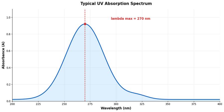 A typical UV absorption spectrum showing absorbance plotted against wavelength, with the peak marked as lambda max.