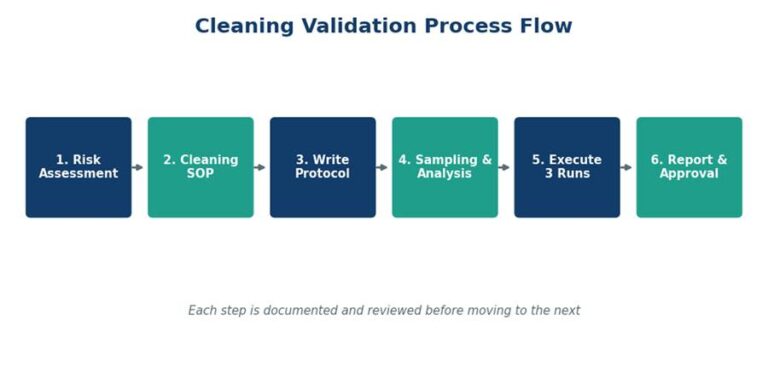 The cleaning validation process moves through clear, documented stages.
